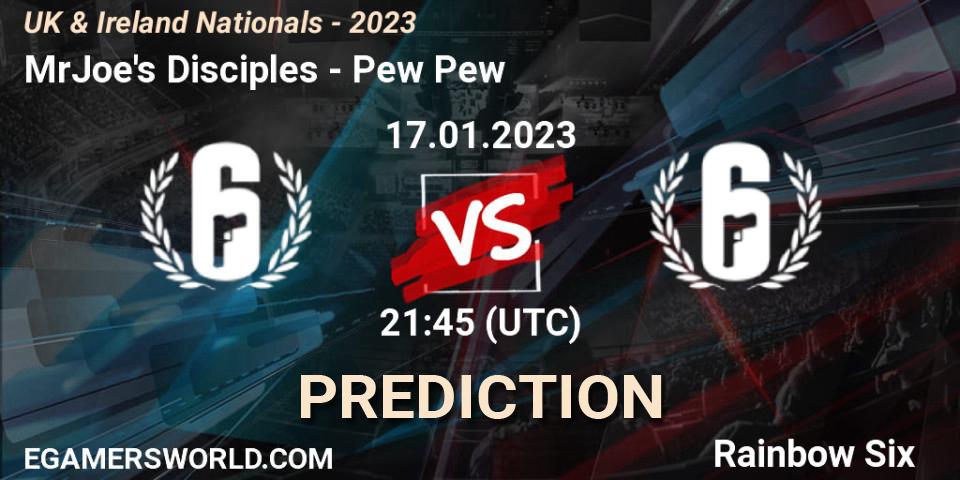 MrJoe's Disciples contre Pew Pew : prédiction de match. 17.01.2023 at 21:45. Rainbow Six, UK & Ireland Nationals - 2023