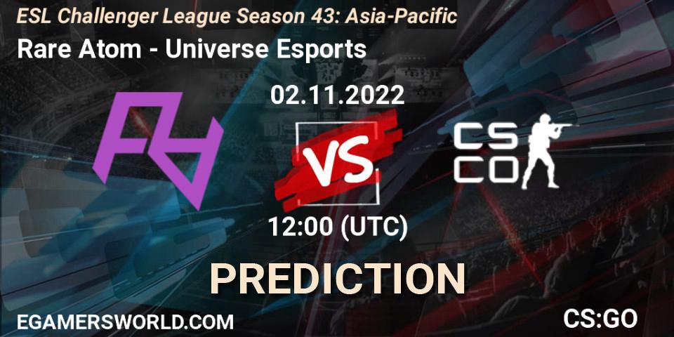 Rare Atom contre Universe Esports : prédiction de match. 02.11.2022 at 12:00. Counter-Strike (CS2), ESL Challenger League Season 43: Asia-Pacific
