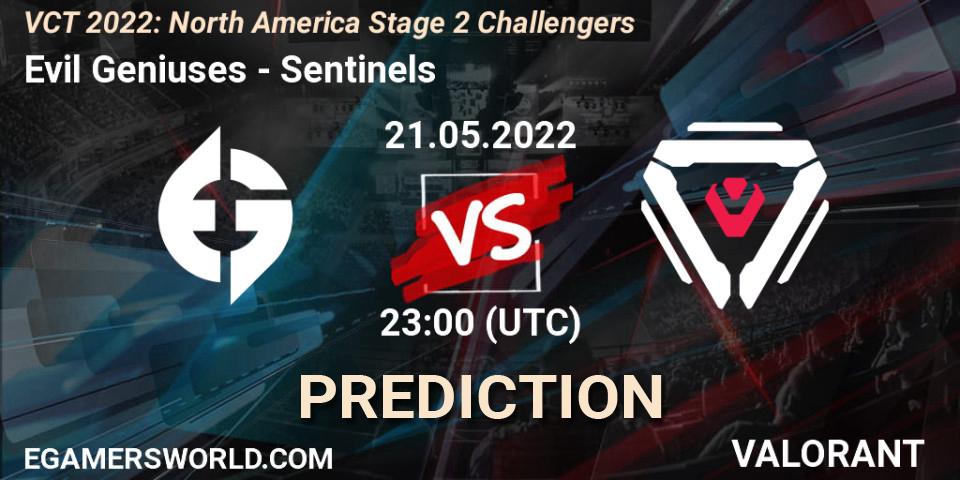 Evil Geniuses contre Sentinels : prédiction de match. 21.05.2022 at 22:45. VALORANT, VCT 2022: North America Stage 2 Challengers