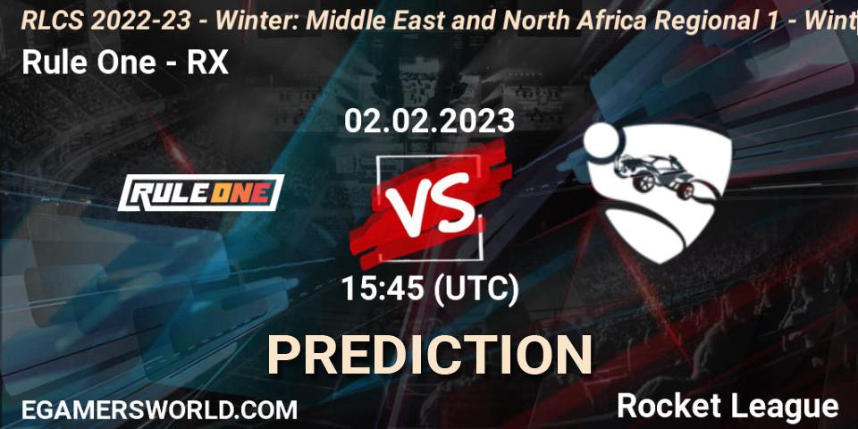 Rule One contre RX : prédiction de match. 02.02.2023 at 15:45. Rocket League, RLCS 2022-23 - Winter: Middle East and North Africa Regional 1 - Winter Open