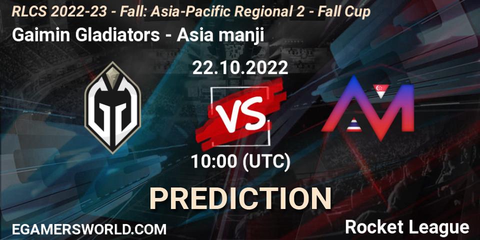 Gaimin Gladiators contre Asia manji : prédiction de match. 22.10.2022 at 10:00. Rocket League, RLCS 2022-23 - Fall: Asia-Pacific Regional 2 - Fall Cup