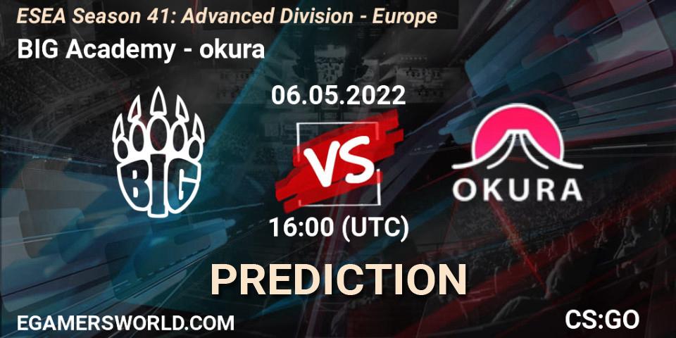 BIG Academy contre okura : prédiction de match. 06.05.2022 at 16:00. Counter-Strike (CS2), ESEA Season 41: Advanced Division - Europe