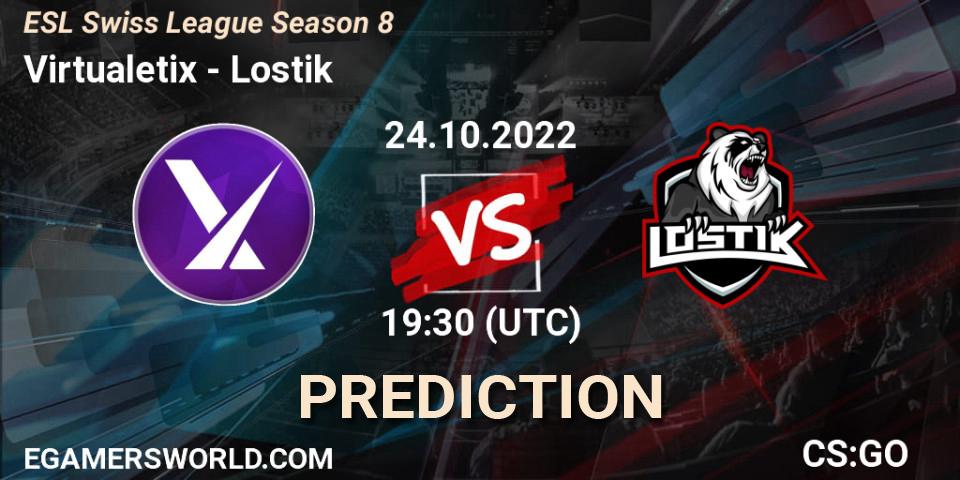 Virtualetix contre Lostik : prédiction de match. 24.10.2022 at 19:30. Counter-Strike (CS2), ESL Swiss League Season 8
