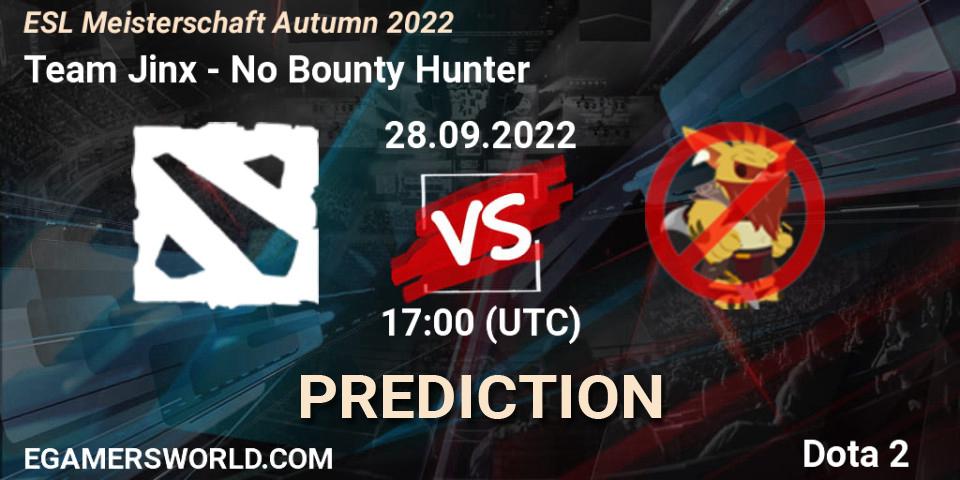 Team Jinx contre No Bounty Hunter : prédiction de match. 28.09.2022 at 17:20. Dota 2, ESL Meisterschaft Autumn 2022