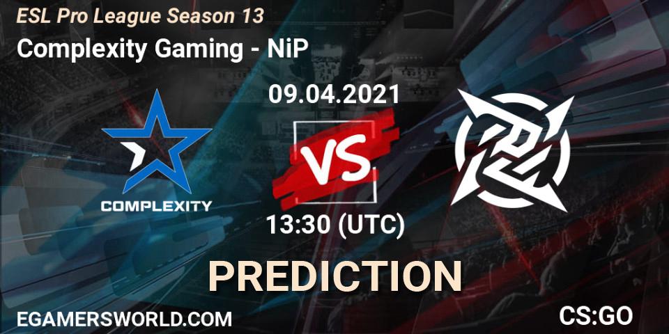 Complexity Gaming contre NiP : prédiction de match. 09.04.2021 at 13:30. Counter-Strike (CS2), ESL Pro League Season 13