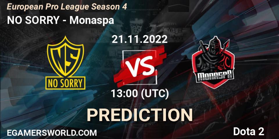 NO SORRY contre Monaspa : prédiction de match. 21.11.2022 at 13:04. Dota 2, European Pro League Season 4