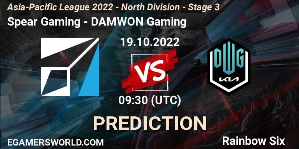 Spear Gaming contre DAMWON Gaming : prédiction de match. 19.10.2022 at 09:30. Rainbow Six, Asia-Pacific League 2022 - North Division - Stage 3
