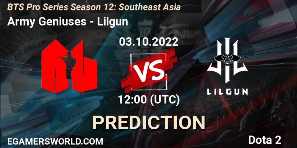 Army Geniuses contre Lilgun : prédiction de match. 03.10.2022 at 13:00. Dota 2, BTS Pro Series Season 12: Southeast Asia