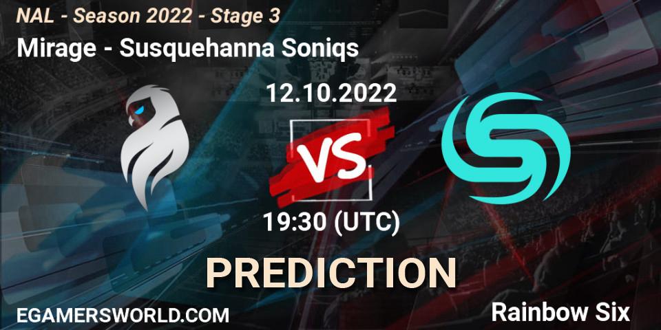 Mirage contre Susquehanna Soniqs : prédiction de match. 12.10.2022 at 19:30. Rainbow Six, NAL - Season 2022 - Stage 3