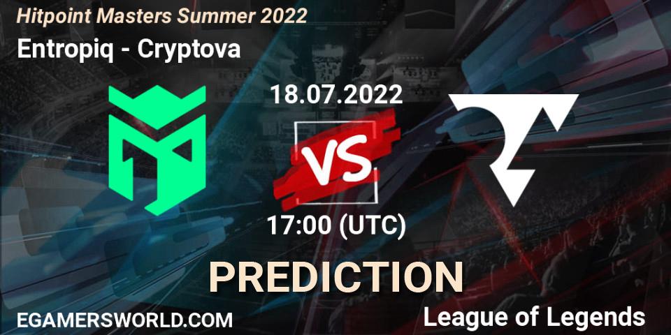 Entropiq contre Cryptova : prédiction de match. 18.07.2022 at 19:30. LoL, Hitpoint Masters Summer 2022