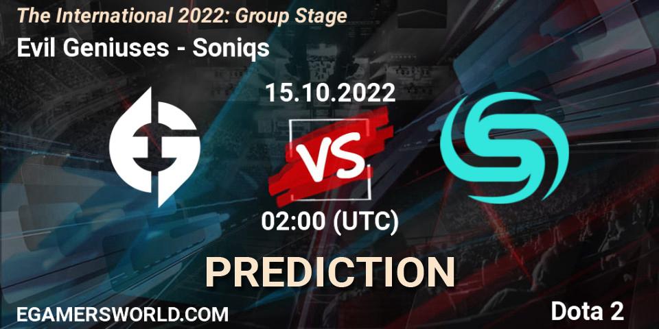 Evil Geniuses contre Soniqs : prédiction de match. 15.10.22. Dota 2, The International 2022: Group Stage