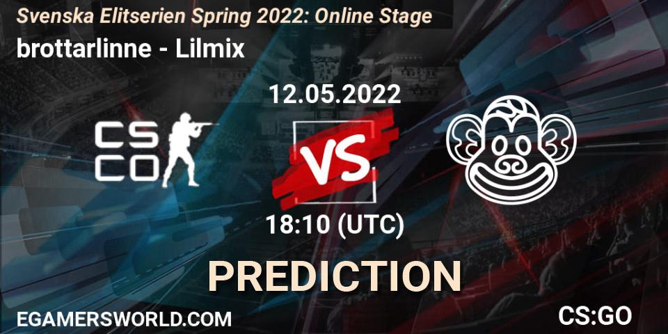 brottarlinne contre Lilmix : prédiction de match. 12.05.2022 at 18:10. Counter-Strike (CS2), Svenska Elitserien Spring 2022: Online Stage