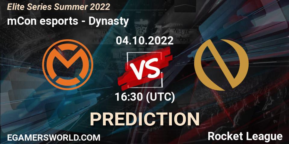 mCon esports contre Dynasty : prédiction de match. 04.10.2022 at 16:30. Rocket League, Elite Series Summer 2022