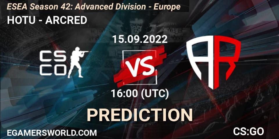 HOTU contre ARCRED : prédiction de match. 15.09.2022 at 16:00. Counter-Strike (CS2), ESEA Season 42: Advanced Division - Europe