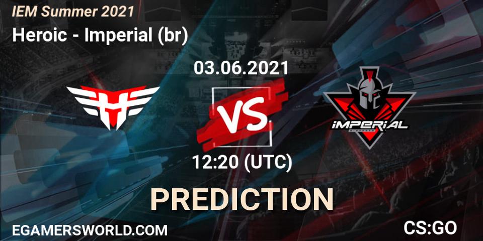 Heroic contre Imperial (br) : prédiction de match. 03.06.2021 at 12:20. Counter-Strike (CS2), IEM Summer 2021