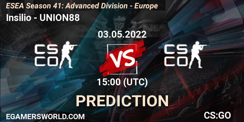 Insilio contre UNION88 : prédiction de match. 03.05.2022 at 15:00. Counter-Strike (CS2), ESEA Season 41: Advanced Division - Europe