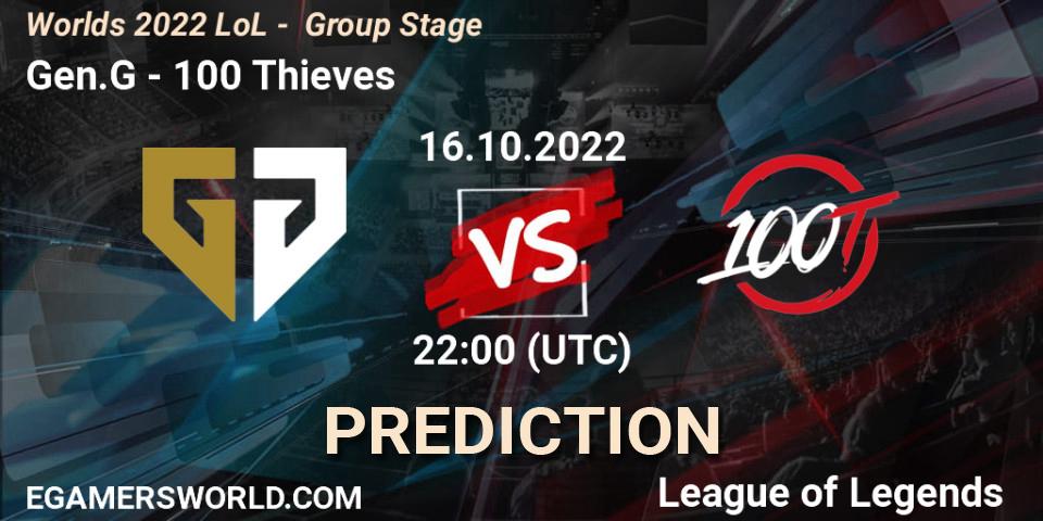Gen.G contre 100 Thieves : prédiction de match. 16.10.2022 at 22:00. LoL, Worlds 2022 LoL - Group Stage