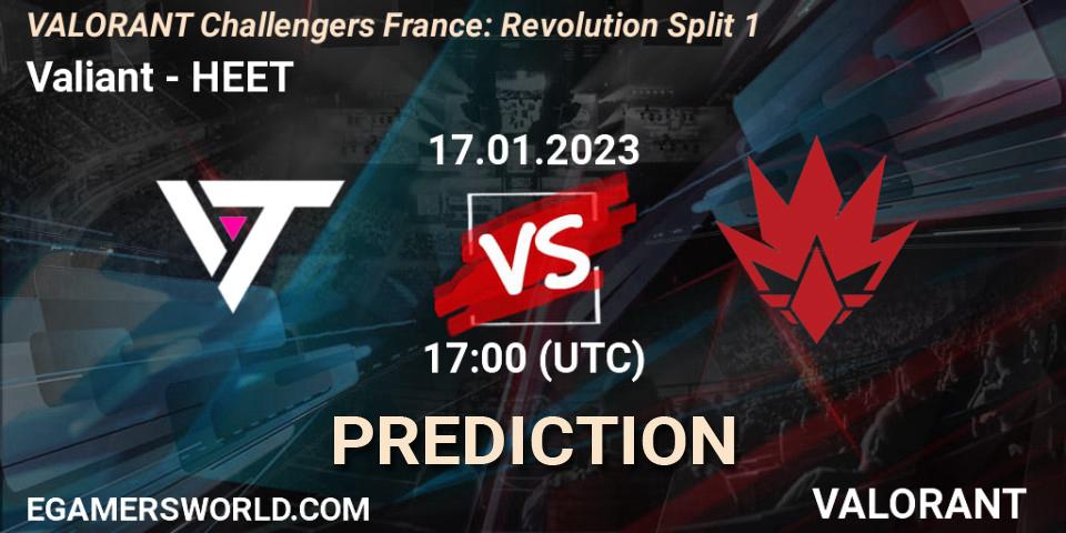 Valiant contre HEET : prédiction de match. 17.01.2023 at 17:00. VALORANT, VALORANT Challengers 2023 France: Revolution Split 1