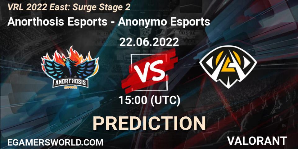 Anorthosis Esports contre Anonymo Esports : prédiction de match. 22.06.2022 at 15:00. VALORANT, VRL 2022 East: Surge Stage 2