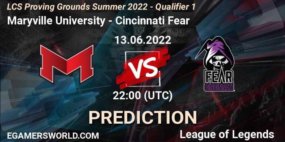 Maryville University contre Cincinnati Fear : prédiction de match. 13.06.2022 at 22:00. LoL, LCS Proving Grounds Summer 2022 - Qualifier 1