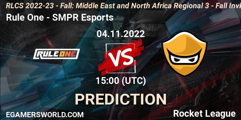 Rule One contre SMPR Esports : prédiction de match. 04.11.2022 at 15:00. Rocket League, RLCS 2022-23 - Fall: Middle East and North Africa Regional 3 - Fall Invitational