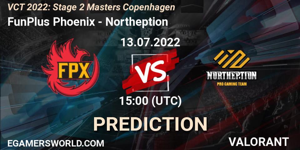 FunPlus Phoenix contre Northeption : prédiction de match. 13.07.2022 at 15:15. VALORANT, VCT 2022: Stage 2 Masters Copenhagen