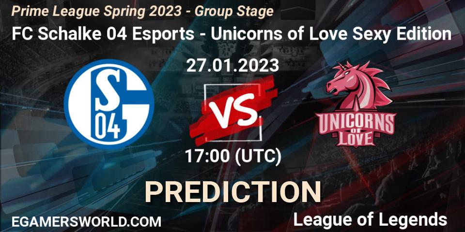 FC Schalke 04 Esports contre Unicorns of Love Sexy Edition : prédiction de match. 27.01.2023 at 17:00. LoL, Prime League Spring 2023 - Group Stage