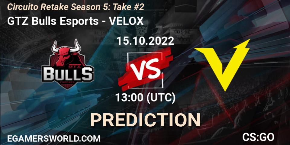 GTZ Bulls Esports contre VELOX : prédiction de match. 15.10.2022 at 13:00. Counter-Strike (CS2), Circuito Retake Season 5: Take #2