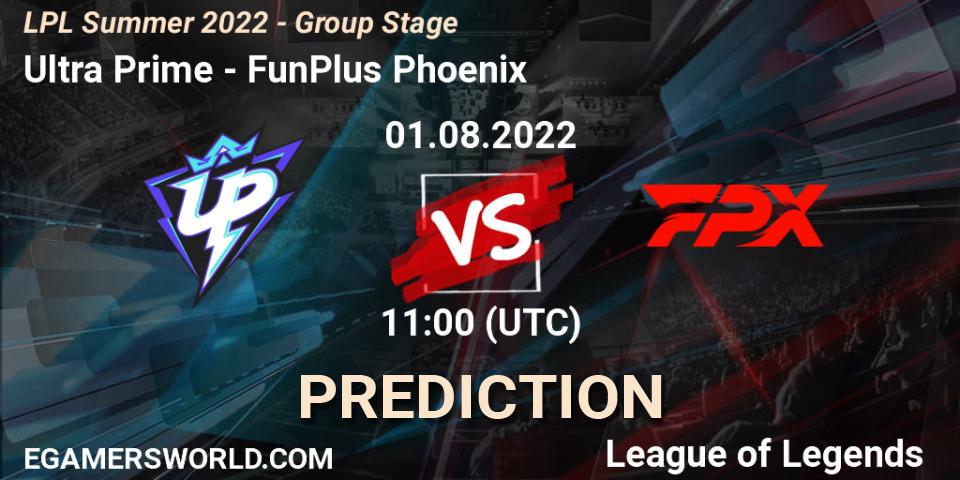 Ultra Prime contre FunPlus Phoenix : prédiction de match. 01.08.2022 at 11:00. LoL, LPL Summer 2022 - Group Stage