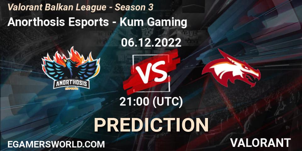 Anorthosis Esports contre Kum Gaming : prédiction de match. 06.12.2022 at 22:00. VALORANT, Valorant Balkan League - Season 3