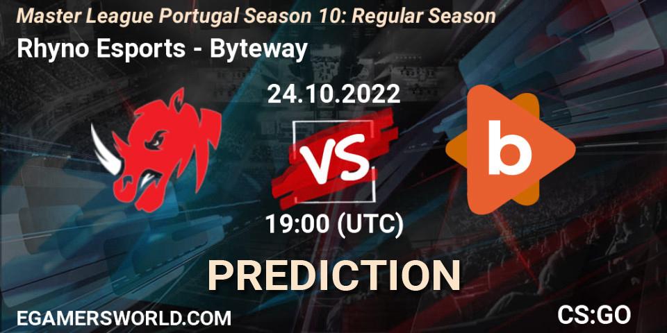 Rhyno Esports contre Byteway : prédiction de match. 24.10.2022 at 19:00. Counter-Strike (CS2), Master League Portugal Season 10: Regular Season