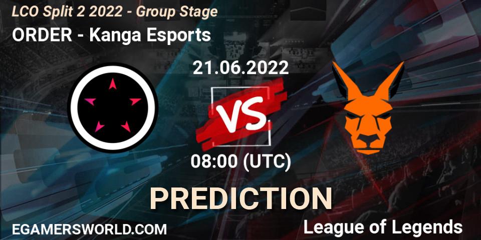 ORDER contre Kanga Esports : prédiction de match. 21.06.2022 at 08:00. LoL, LCO Split 2 2022 - Group Stage