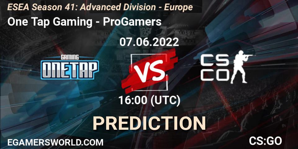 One Tap Gaming contre ProGamers : prédiction de match. 07.06.2022 at 16:00. Counter-Strike (CS2), ESEA Season 41: Advanced Division - Europe