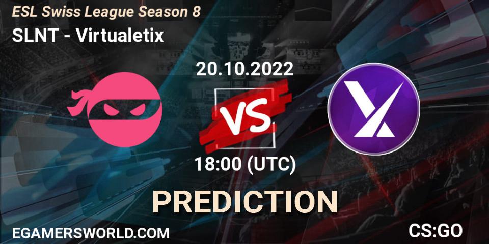 SLNT contre Virtualetix : prédiction de match. 20.10.2022 at 18:00. Counter-Strike (CS2), ESL Swiss League Season 8