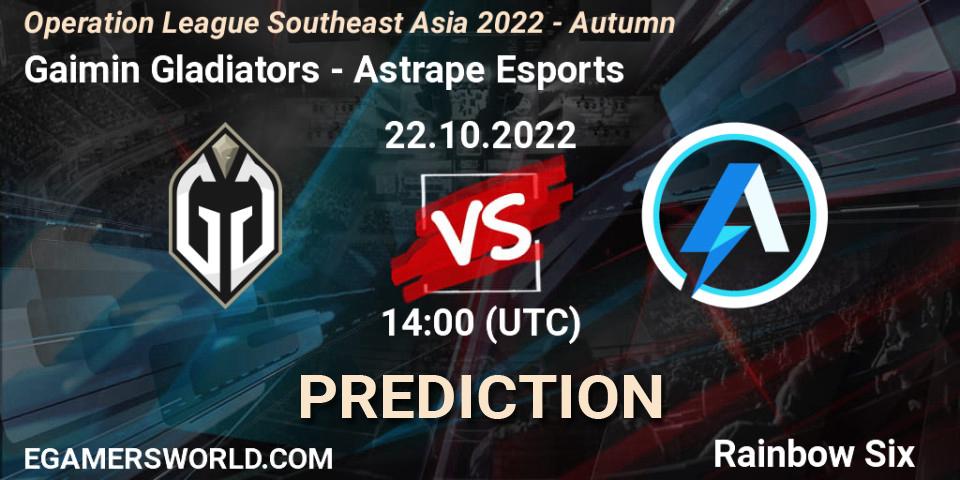 Gaimin Gladiators contre Astrape Esports : prédiction de match. 22.10.2022 at 14:00. Rainbow Six, Operation League Southeast Asia 2022 - Autumn