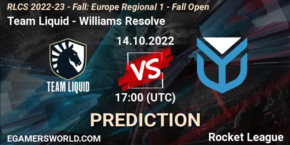 Team Liquid contre Williams Resolve : prédiction de match. 14.10.2022 at 15:00. Rocket League, RLCS 2022-23 - Fall: Europe Regional 1 - Fall Open