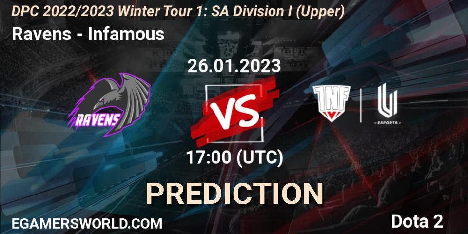 Ravens contre Infamous : prédiction de match. 26.01.2023 at 17:11. Dota 2, DPC 2022/2023 Winter Tour 1: SA Division I (Upper) 