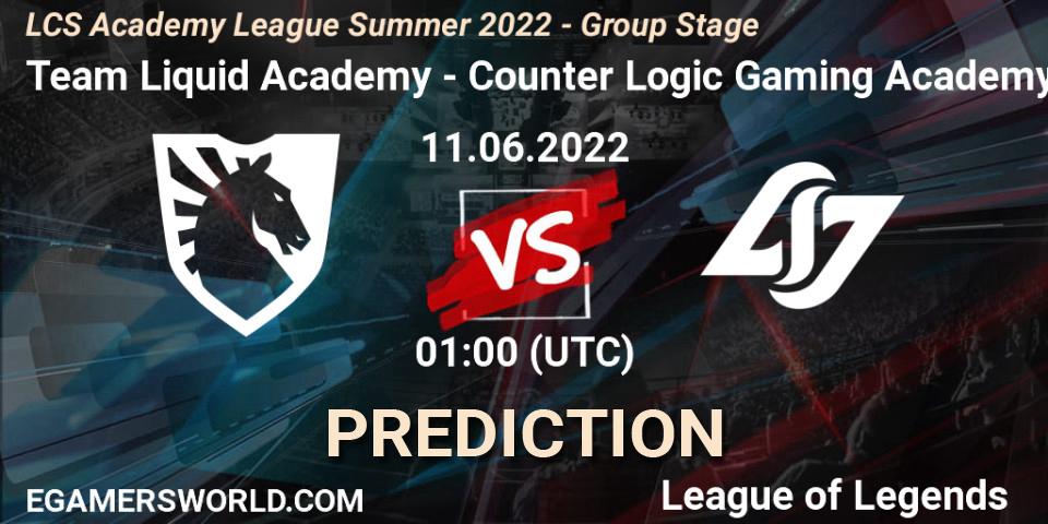 Team Liquid Academy contre Counter Logic Gaming Academy : prédiction de match. 11.06.2022 at 00:00. LoL, LCS Academy League Summer 2022 - Group Stage