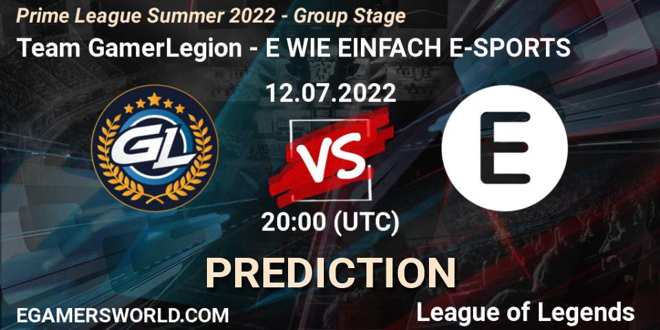 Team GamerLegion contre E WIE EINFACH E-SPORTS : prédiction de match. 12.07.2022 at 20:00. LoL, Prime League Summer 2022 - Group Stage