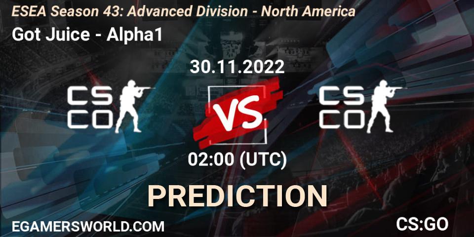 Got Juice contre Alpha1 : prédiction de match. 30.11.22. CS2 (CS:GO), ESEA Season 43: Advanced Division - North America