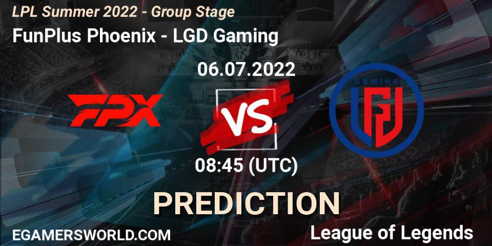 FunPlus Phoenix contre LGD Gaming : prédiction de match. 06.07.2022 at 09:00. LoL, LPL Summer 2022 - Group Stage
