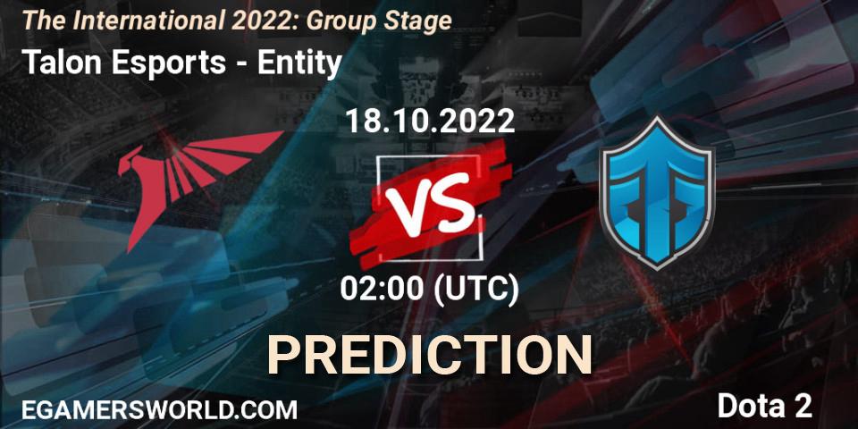 Talon Esports contre Entity : prédiction de match. 18.10.2022 at 02:01. Dota 2, The International 2022: Group Stage