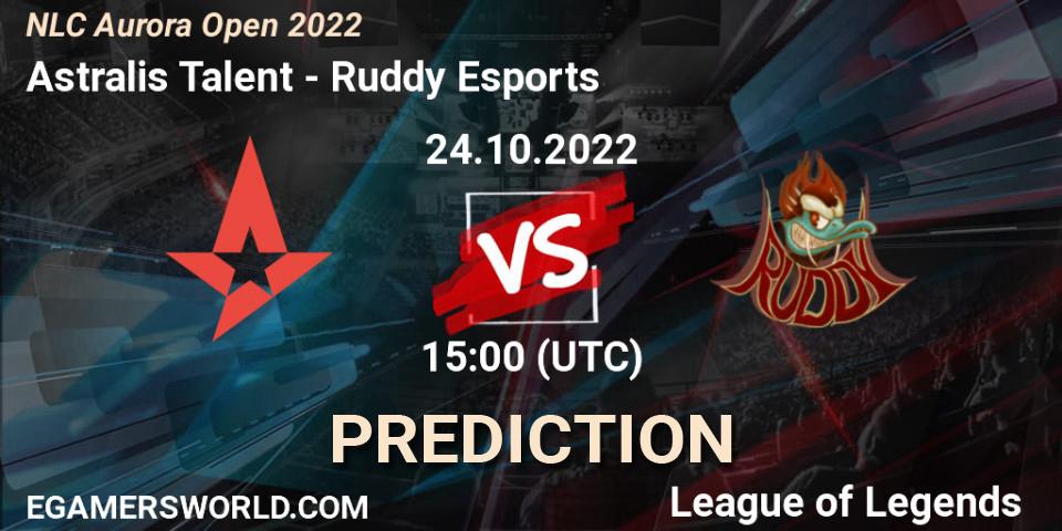 Astralis Talent contre Ruddy Esports : prédiction de match. 24.10.2022 at 15:00. LoL, NLC Aurora Open 2022