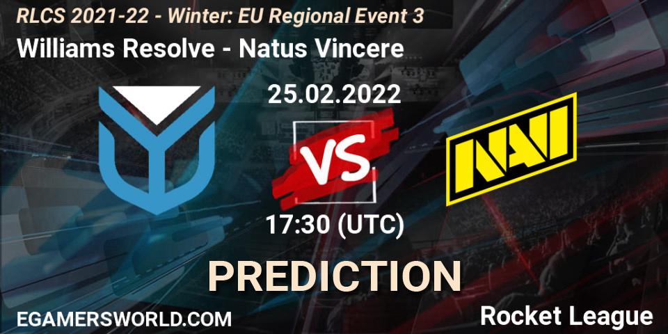 Williams Resolve contre Natus Vincere : prédiction de match. 25.02.2022 at 17:30. Rocket League, RLCS 2021-22 - Winter: EU Regional Event 3