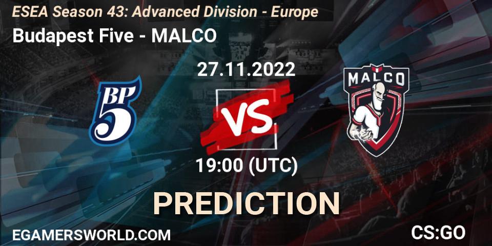 Budapest Five contre MALCO : prédiction de match. 27.11.22. CS2 (CS:GO), ESEA Season 43: Advanced Division - Europe