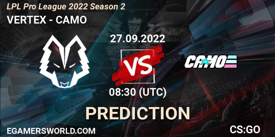 VERTEX contre CAMO : prédiction de match. 27.09.2022 at 08:40. Counter-Strike (CS2), LPL Pro League 2022 Season 2
