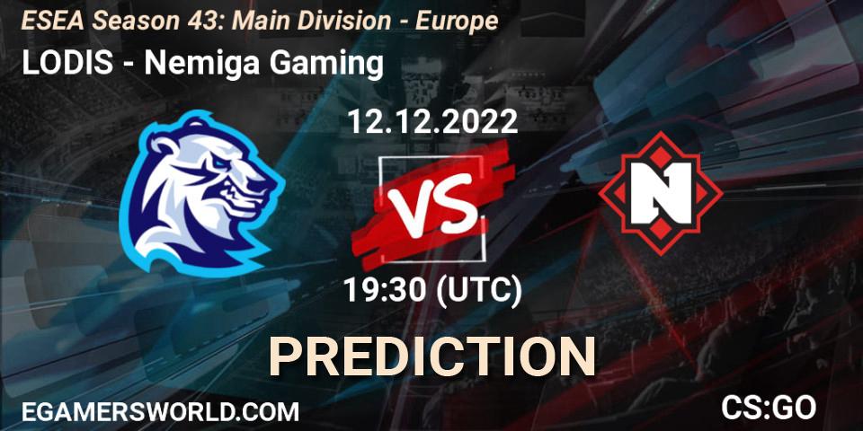LODIS contre Nemiga Gaming : prédiction de match. 12.12.2022 at 19:30. Counter-Strike (CS2), ESEA Season 43: Main Division - Europe