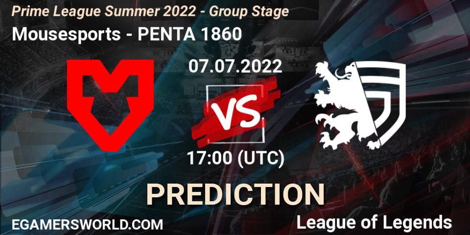 Mousesports contre PENTA 1860 : prédiction de match. 07.07.2022 at 16:00. LoL, Prime League Summer 2022 - Group Stage