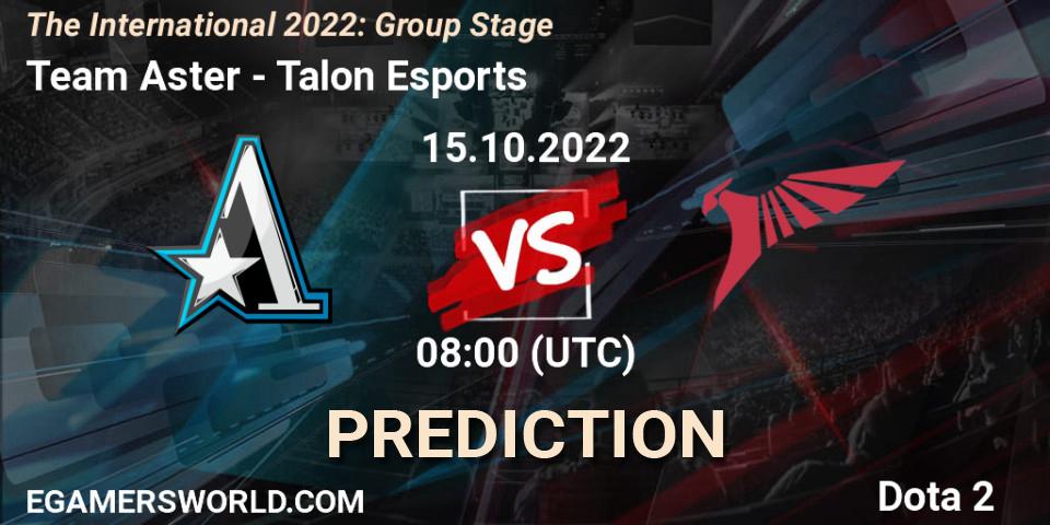 Team Aster contre Talon Esports : prédiction de match. 15.10.2022 at 10:21. Dota 2, The International 2022: Group Stage