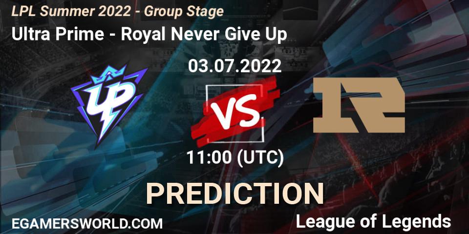 Ultra Prime contre Royal Never Give Up : prédiction de match. 03.07.2022 at 12:00. LoL, LPL Summer 2022 - Group Stage